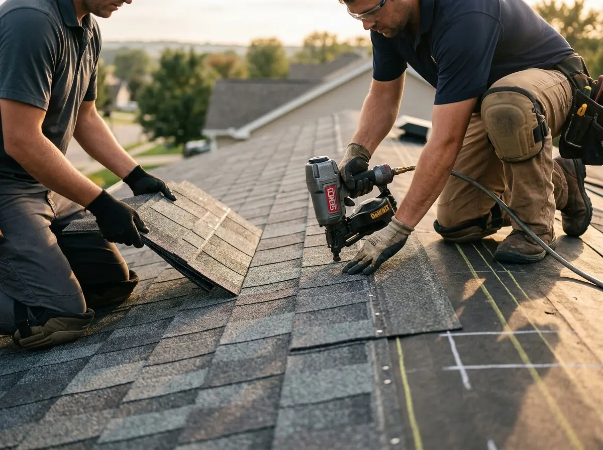 Professional roofer working on a residential roof in Lowell
